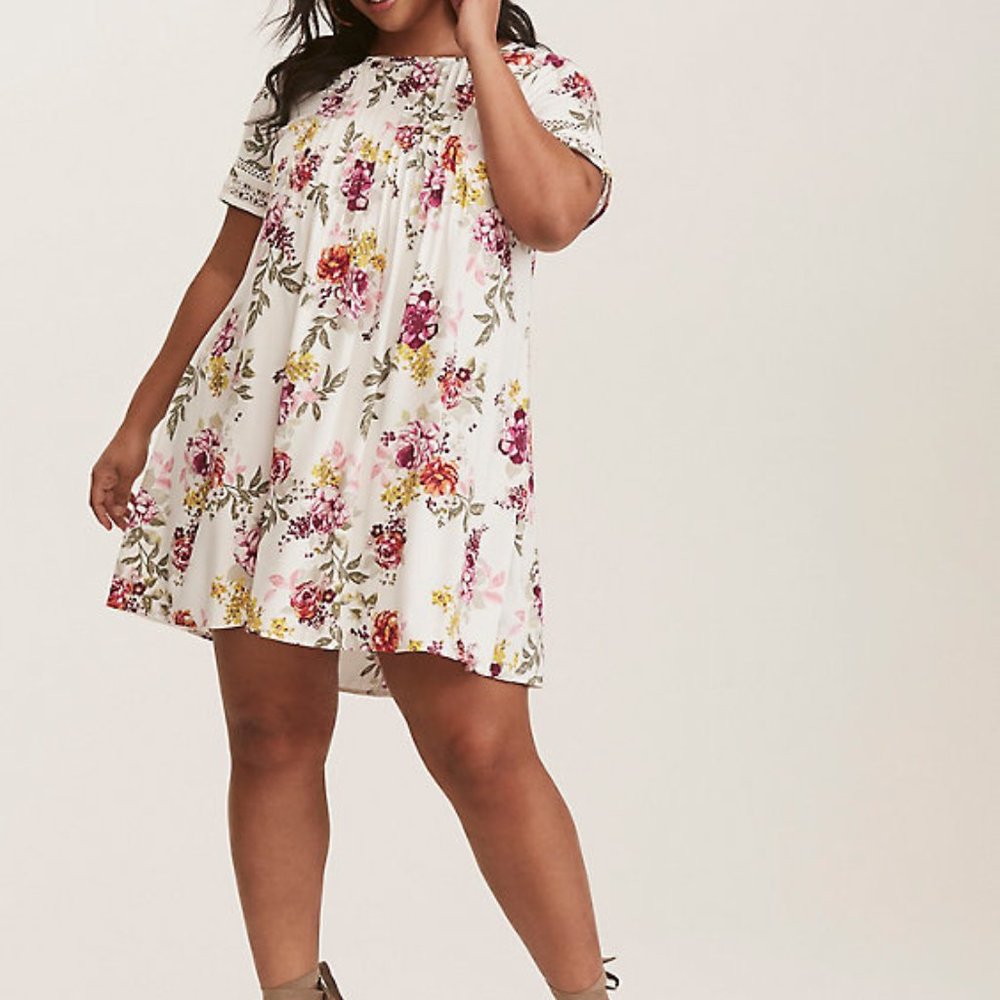 Torrid IVORY FLORAL CHALLIS TRAPEZE DRESS